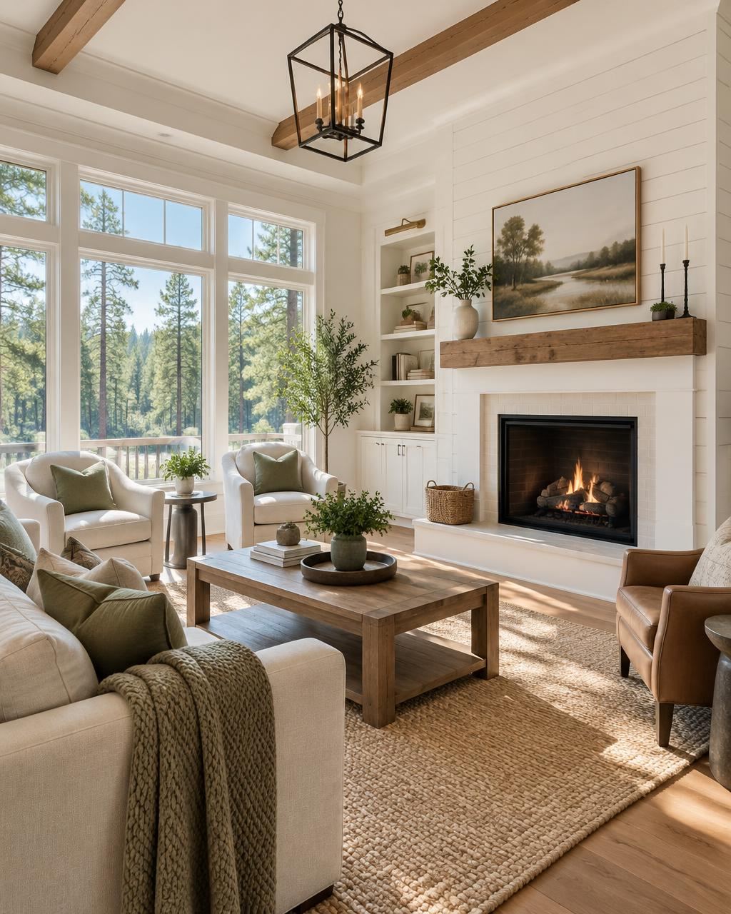 Bright living room with a shiplap fireplace, staged for sale